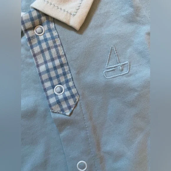 Romper Light Blue With White Collar Trimmed with Blue Plaid NWT Boutique 9 mths - Picture 3 of 5